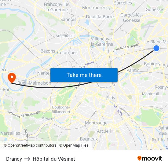 Drancy to Hôpital du Vésinet map