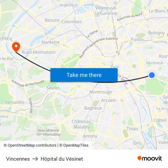 Vincennes to Hôpital du Vésinet map