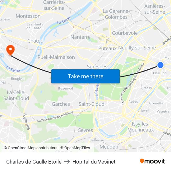 Charles de Gaulle Etoile to Hôpital du Vésinet map