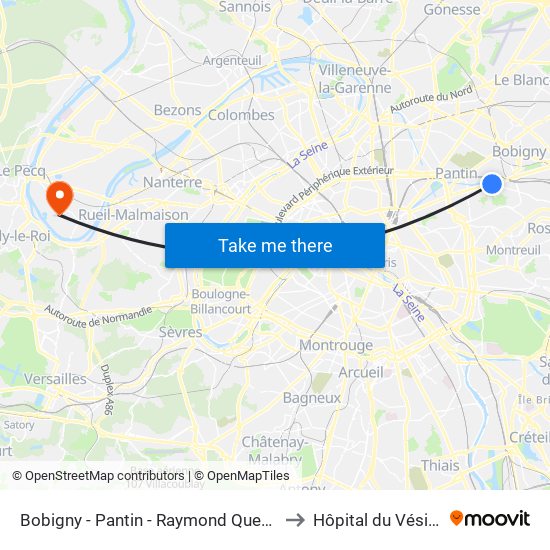 Bobigny - Pantin - Raymond Queneau to Hôpital du Vésinet map