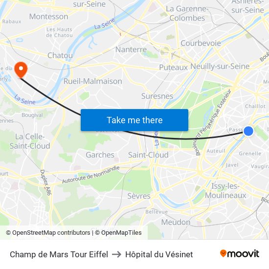 Champ de Mars Tour Eiffel to Hôpital du Vésinet map