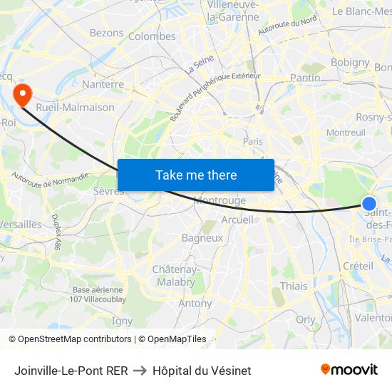 Joinville-Le-Pont RER to Hôpital du Vésinet map