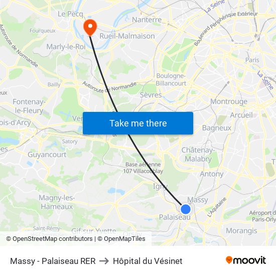 Massy - Palaiseau RER to Hôpital du Vésinet map