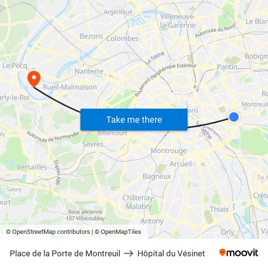 Place de la Porte de Montreuil to Hôpital du Vésinet map