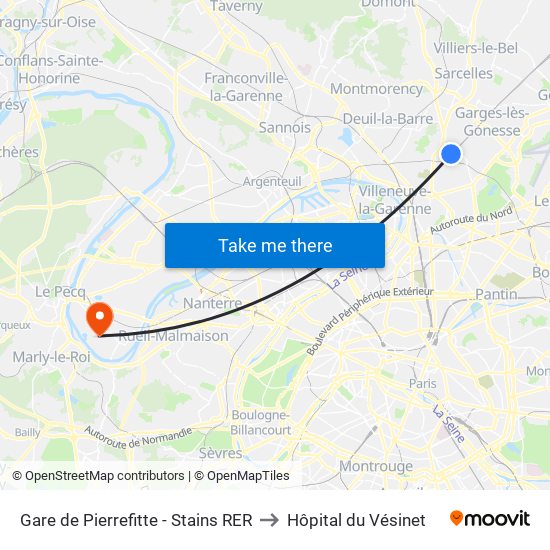 Gare de Pierrefitte - Stains RER to Hôpital du Vésinet map