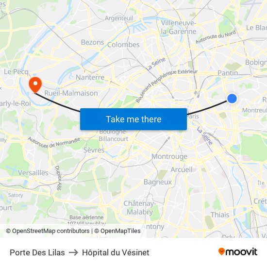 Porte Des Lilas to Hôpital du Vésinet map