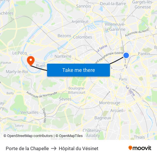 Porte de la Chapelle to Hôpital du Vésinet map