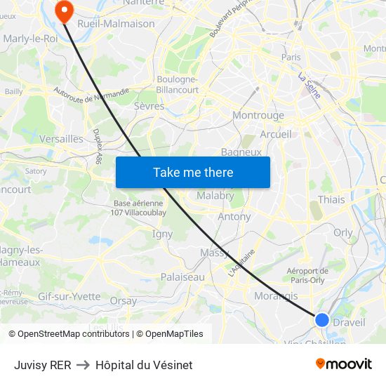 Juvisy RER to Hôpital du Vésinet map