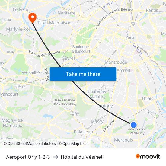 Aéroport Orly 1-2-3 to Hôpital du Vésinet map
