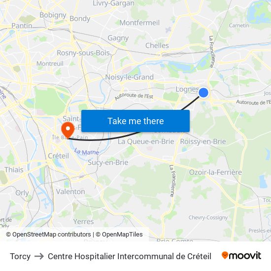 Torcy to Centre Hospitalier Intercommunal de Créteil map