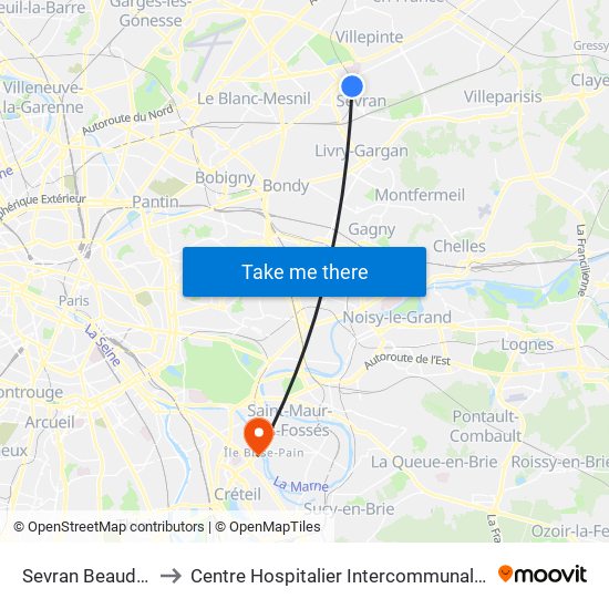 Sevran Beaudottes to Centre Hospitalier Intercommunal de Créteil map