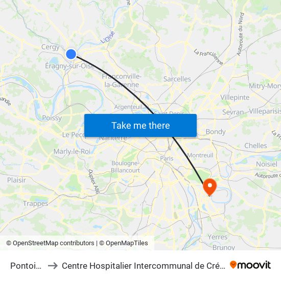 Pontoise to Centre Hospitalier Intercommunal de Créteil map