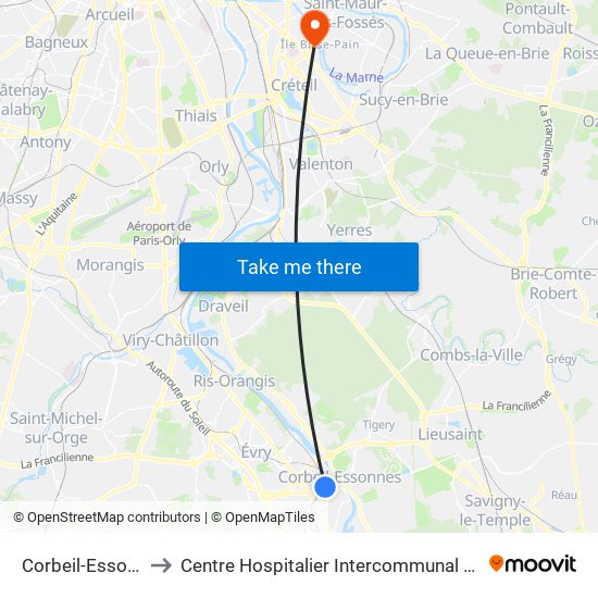 Corbeil-Essonnes to Centre Hospitalier Intercommunal de Créteil map