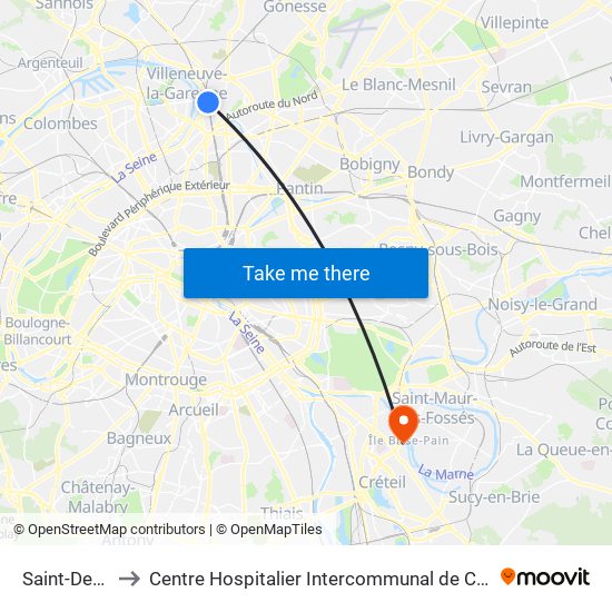 Saint-Denis to Centre Hospitalier Intercommunal de Créteil map