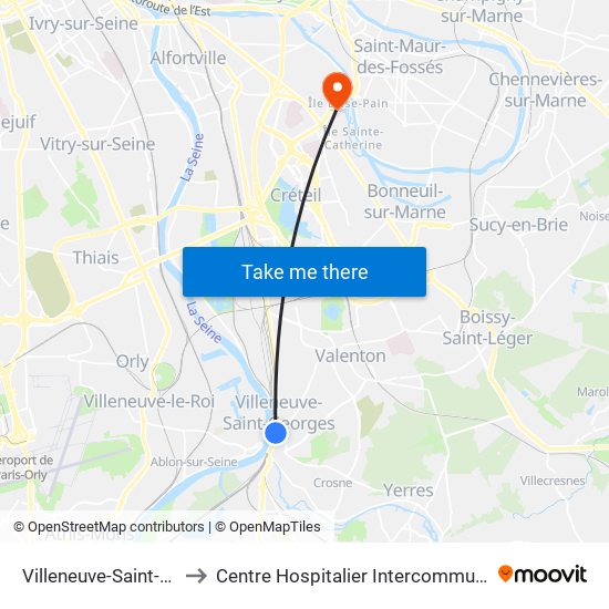 Villeneuve-Saint-Georges to Centre Hospitalier Intercommunal de Créteil map
