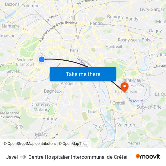 Javel to Centre Hospitalier Intercommunal de Créteil map