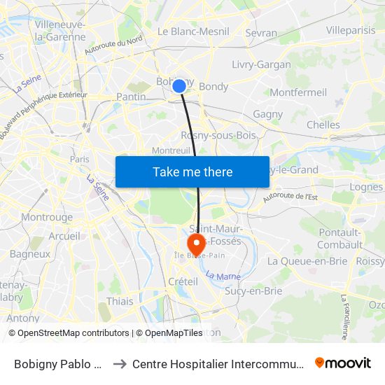 Bobigny Pablo Picasso to Centre Hospitalier Intercommunal de Créteil map