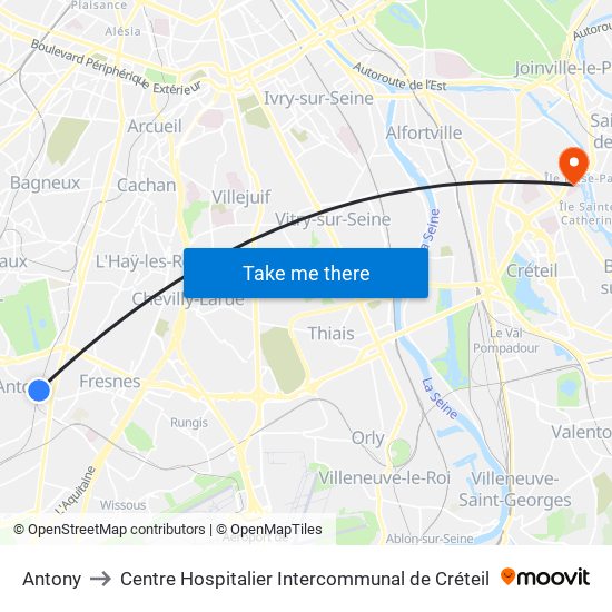 Antony to Centre Hospitalier Intercommunal de Créteil map