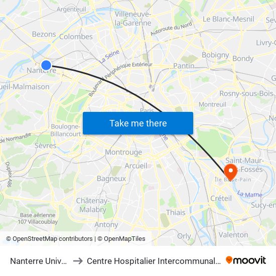 Nanterre Université to Centre Hospitalier Intercommunal de Créteil map