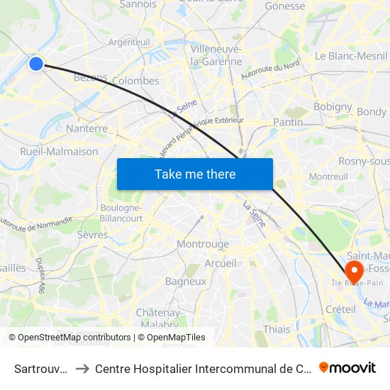 Sartrouville to Centre Hospitalier Intercommunal de Créteil map