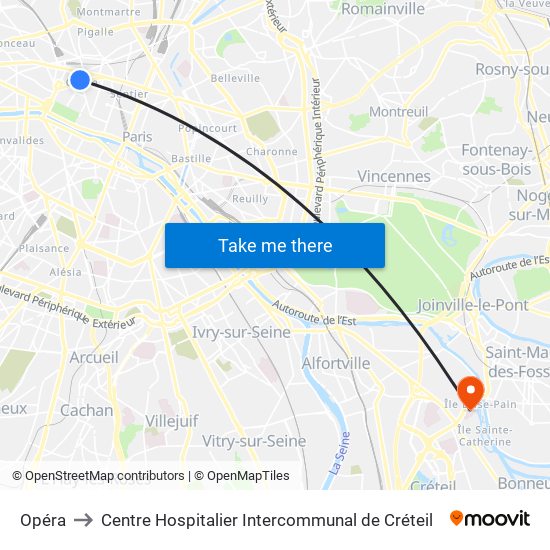 Opéra to Centre Hospitalier Intercommunal de Créteil map