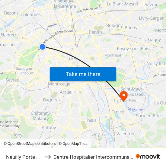 Neuilly Porte Maillot to Centre Hospitalier Intercommunal de Créteil map