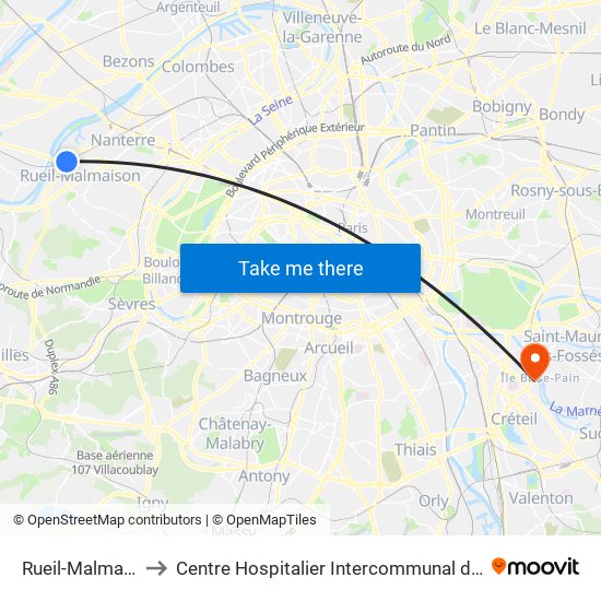 Rueil-Malmaison to Centre Hospitalier Intercommunal de Créteil map