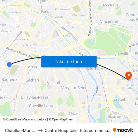 Châtillon-Montrouge to Centre Hospitalier Intercommunal de Créteil map