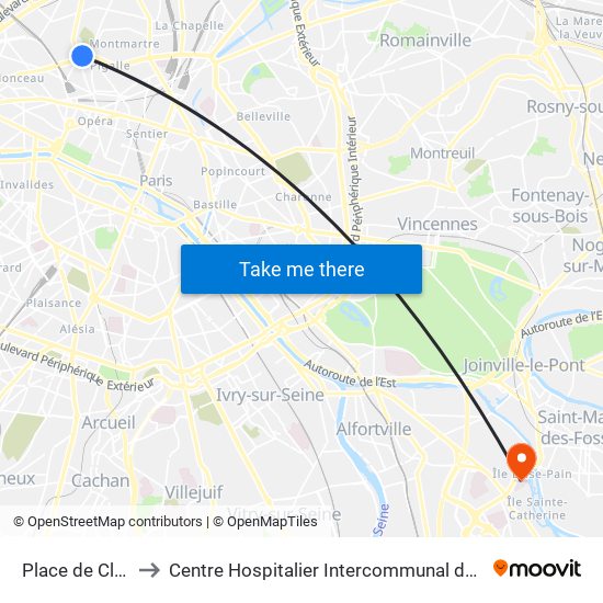 Place de Clichy to Centre Hospitalier Intercommunal de Créteil map