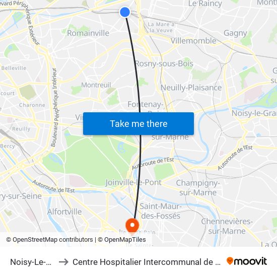 Noisy-Le-Sec to Centre Hospitalier Intercommunal de Créteil map