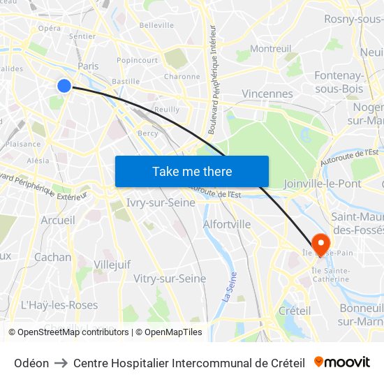 Odéon to Centre Hospitalier Intercommunal de Créteil map