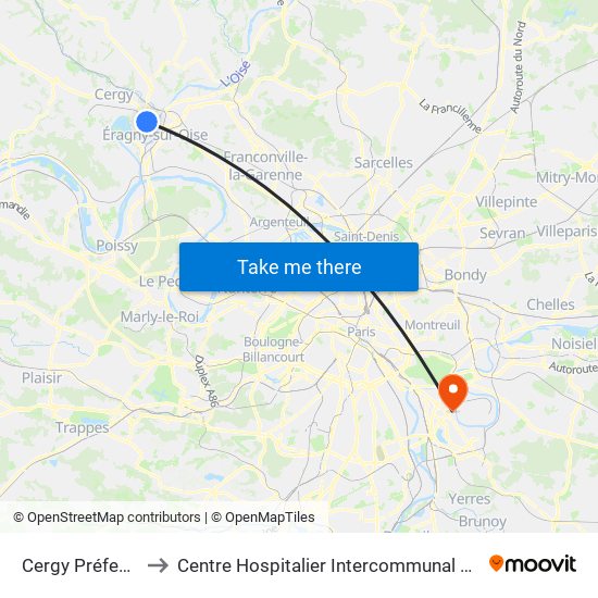 Cergy Préfecture to Centre Hospitalier Intercommunal de Créteil map