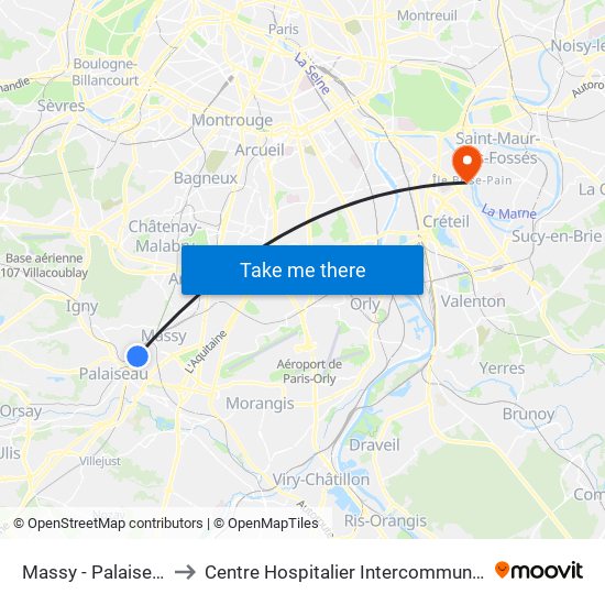 Massy - Palaiseau RER to Centre Hospitalier Intercommunal de Créteil map