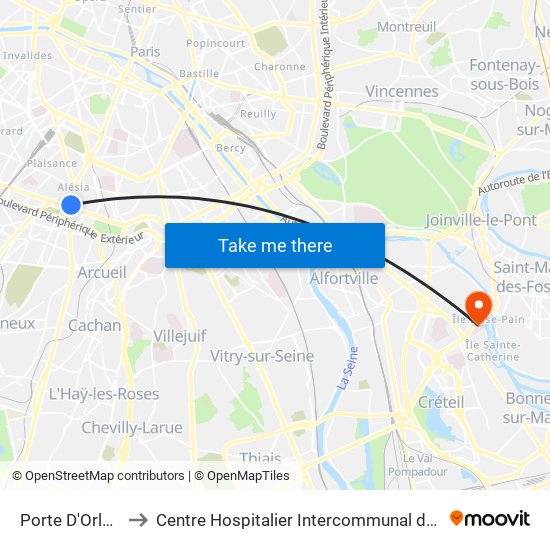 Porte D'Orléans to Centre Hospitalier Intercommunal de Créteil map