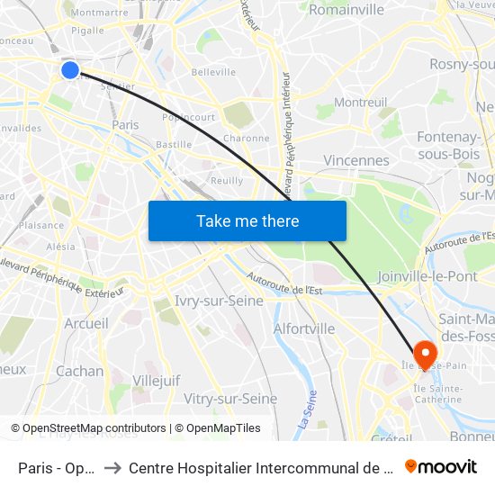 Paris - Opéra to Centre Hospitalier Intercommunal de Créteil map