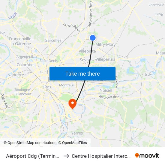 Aéroport Cdg (Terminal 3 – Roissypôle) to Centre Hospitalier Intercommunal de Créteil map