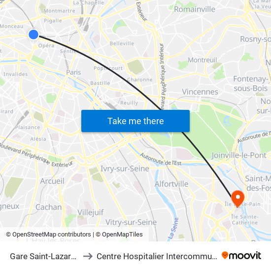 Gare Saint-Lazare - Rome to Centre Hospitalier Intercommunal de Créteil map
