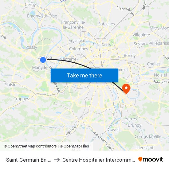 Saint-Germain-En-Laye RER to Centre Hospitalier Intercommunal de Créteil map