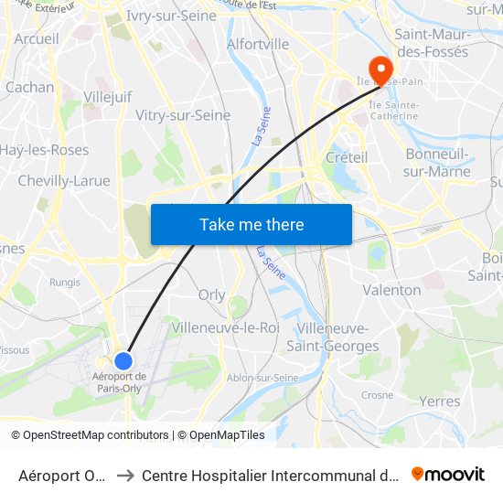 Aéroport Orly 4 to Centre Hospitalier Intercommunal de Créteil map