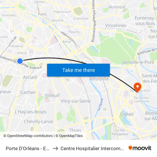 Porte D'Orléans - Ernest Reyer to Centre Hospitalier Intercommunal de Créteil map
