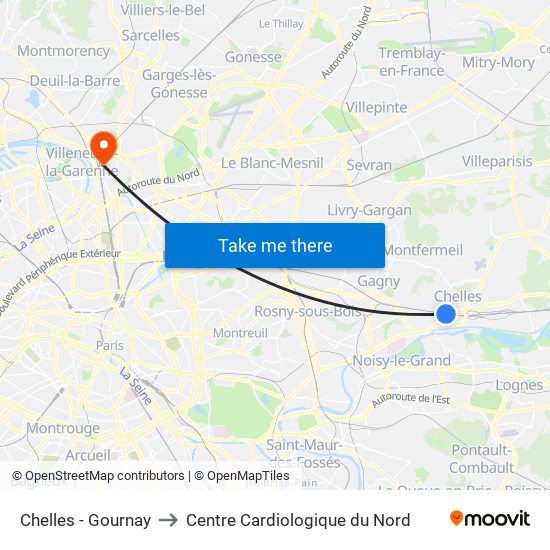 Chelles - Gournay to Centre Cardiologique du Nord map