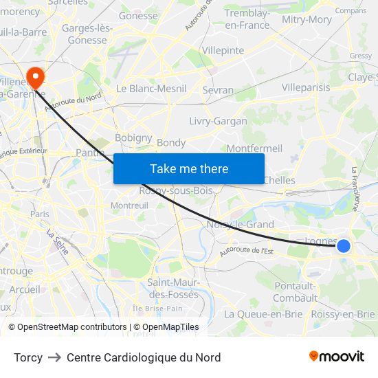 Torcy to Centre Cardiologique du Nord map