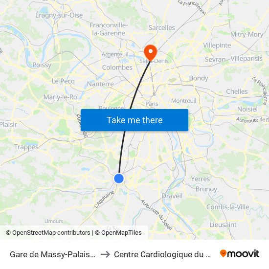 Gare de Massy-Palaiseau to Centre Cardiologique du Nord map