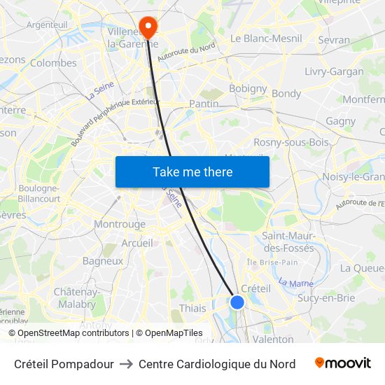 Créteil Pompadour to Centre Cardiologique du Nord map