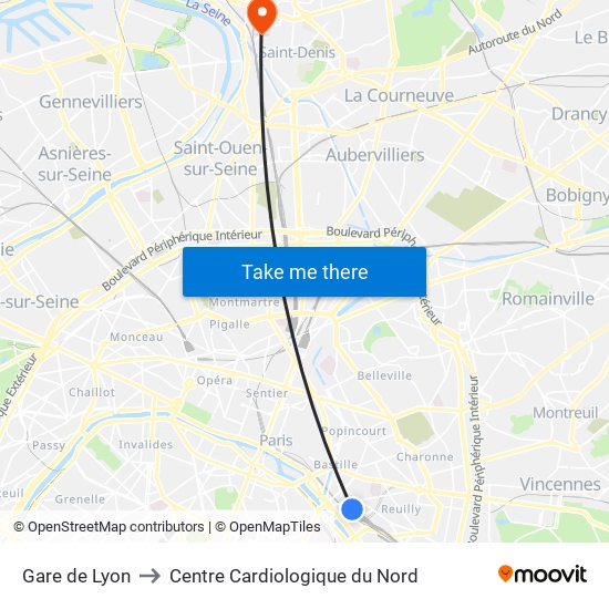 Gare de Lyon to Centre Cardiologique du Nord map