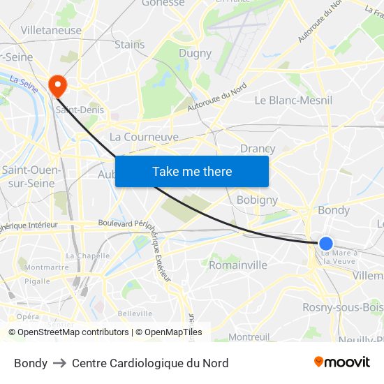 Bondy to Centre Cardiologique du Nord map