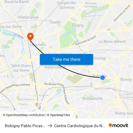 Bobigny Pablo Picasso to Centre Cardiologique du Nord map