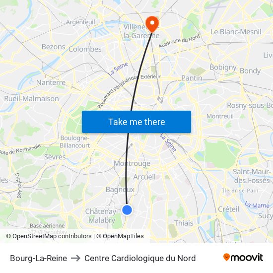 Bourg-La-Reine to Centre Cardiologique du Nord map