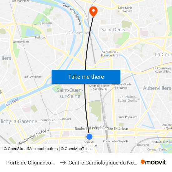 Porte de Clignancourt to Centre Cardiologique du Nord map