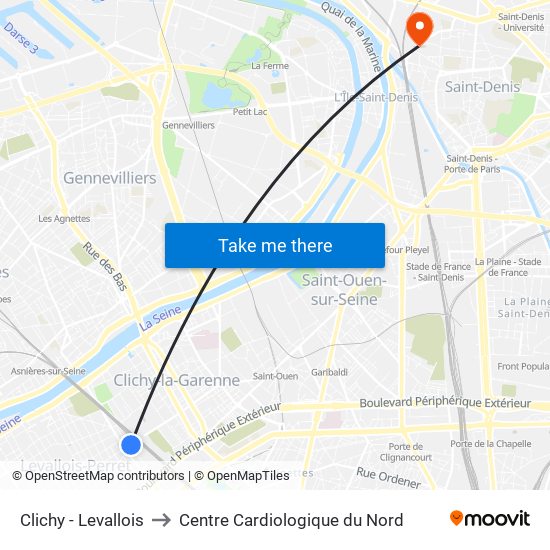 Clichy - Levallois to Centre Cardiologique du Nord map